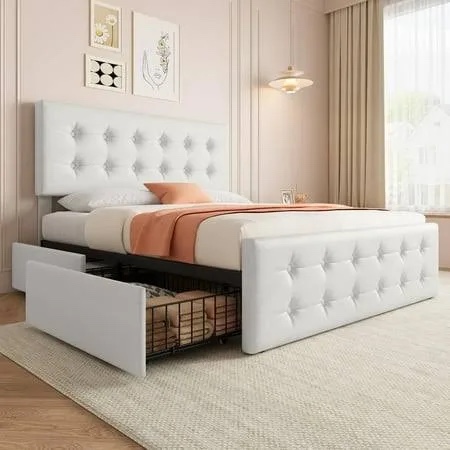 Bed Frame with 4 Storage Drawers, Adjustable Linen Headboard, Button Tufted, Upholstered