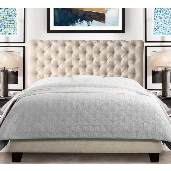 Clihome Modern Beige Solid Wood Frame Queen Panel Bed with Button Tufted Upholstered Headboard for Bedroom