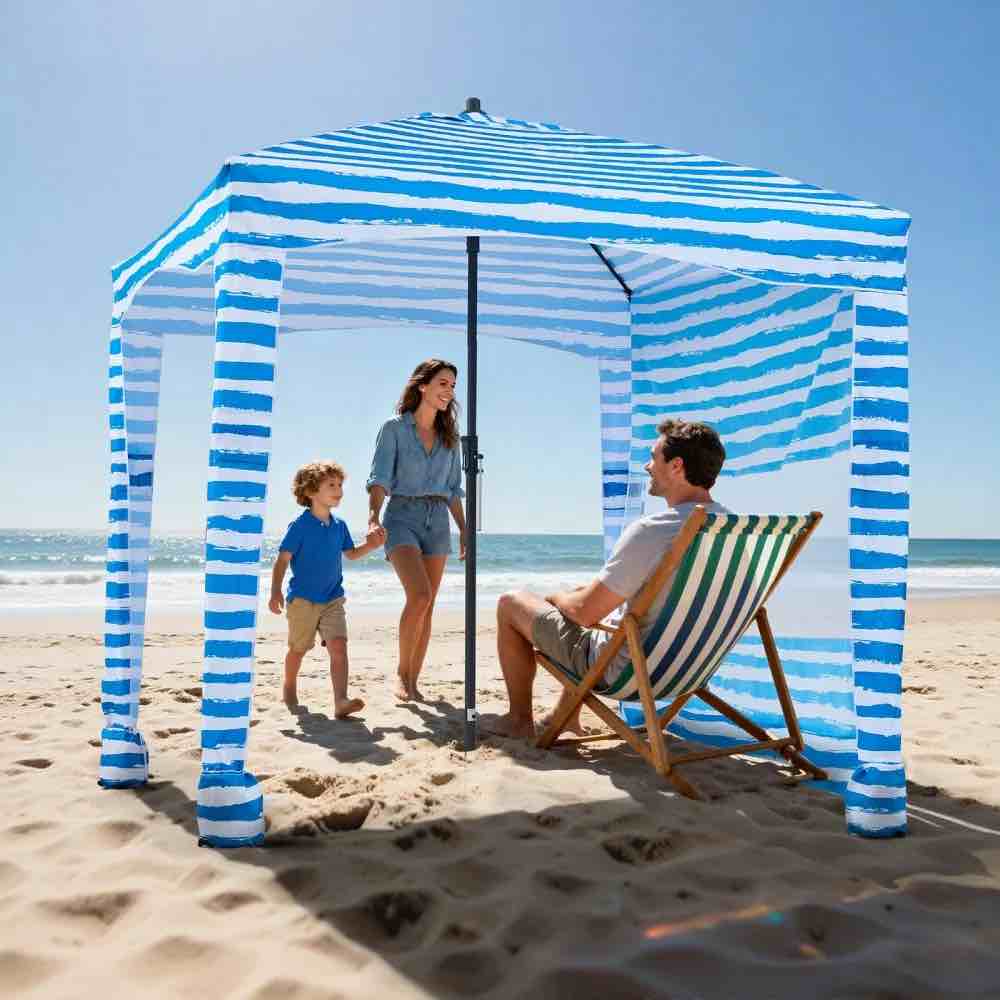 vevor beach cabana, 6 x 6 ft beach canopy with side wall, upf 50+ protection easy setup cabana tent with sand pockets, portable shade sun shelter umbrella for whole family & friends, blue stripes