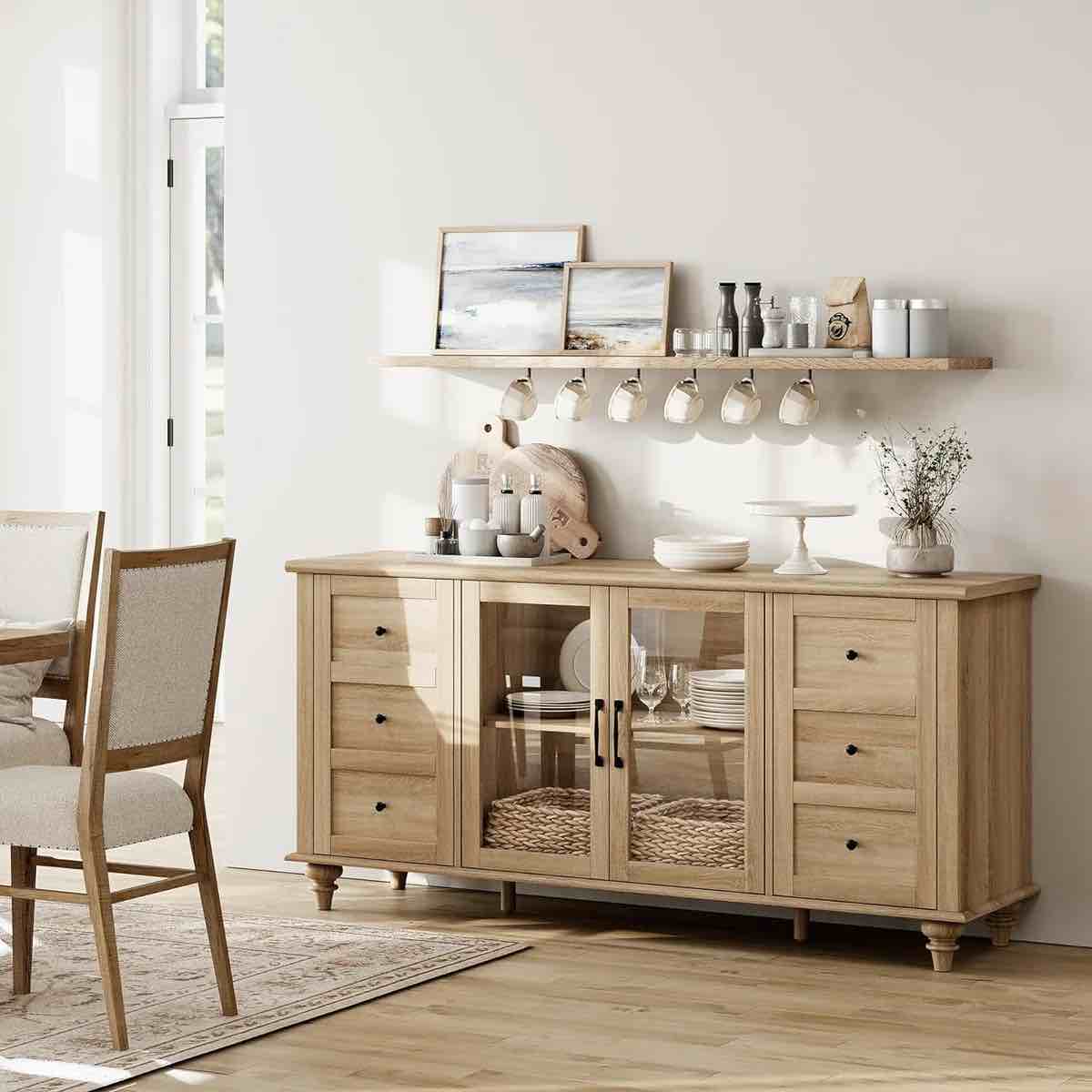 wampat sideboard buffet cabinets with glass door, kitchen storage cabinets, wood coffee bar tables, living room, oak