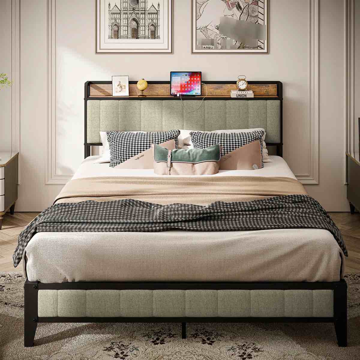 charging station bed frame queen, metal platform, upholstered head grey - bedroom delicate queen size with platform & charging, upholstery happy