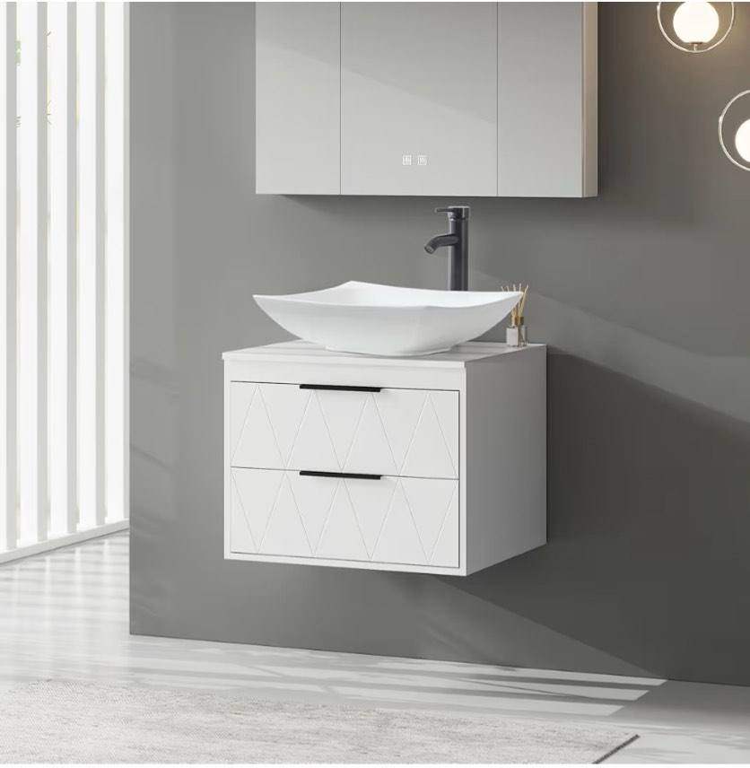 24" wall mount single bathroom vanity base only, 2 soft-close drawers, zinc alloy hardware