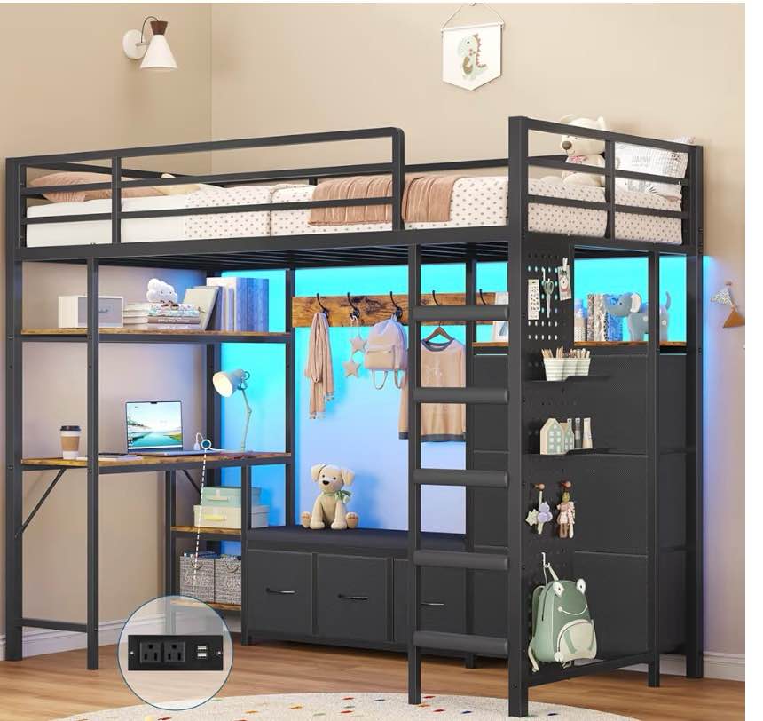 twin size loft bed with 6 storage drawers,coat rack and open shelves,twin loft bed with desk,charging station and led lights,metal loft beds with large pegboard,safety guardrail and ladder,black