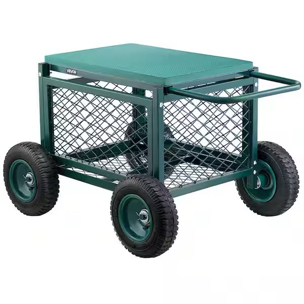 rolling garden cart with seat, metal rolling garden work seat with wheels, supports up to 400 lbs. for lawn, patio