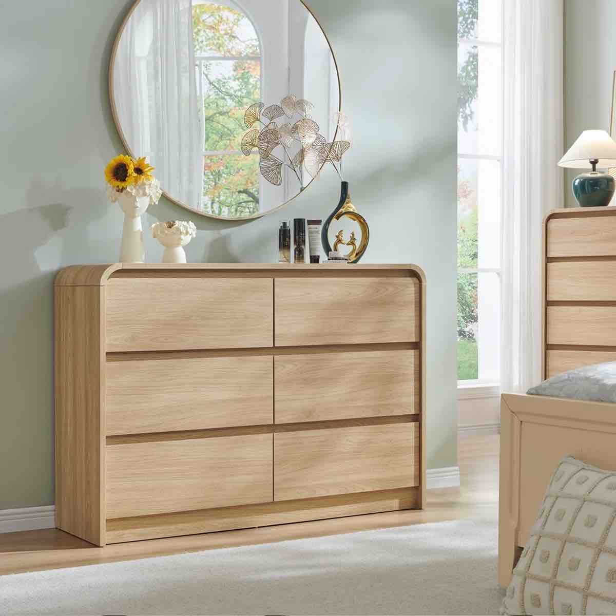 maud modern 6 drawers dresser for bedroom, 47" wide wood dressers & chests of drawers w/curved profile design
