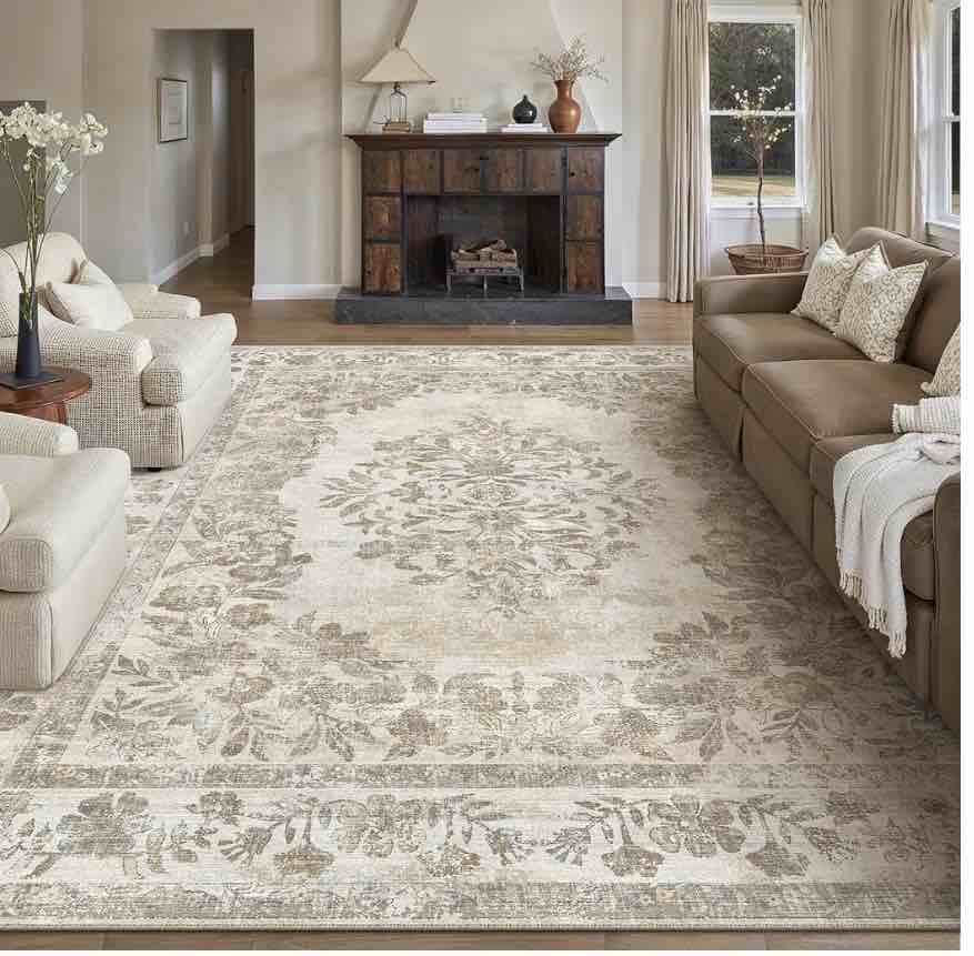 befbee 9x12 area rugs for living room,ultra-thin washable rug, non-slip lightweight foldable area rug, stain resistant vintage large rugs(turmeric/grey, 9'x12')