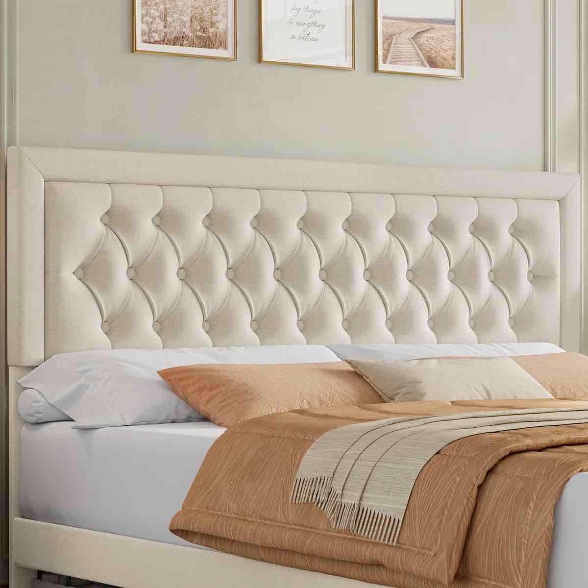 Condition photo showing New/Like New for binghamton full upholstered platform bed with 2 storage drawers, wood storage bed frame with adjustable headboard