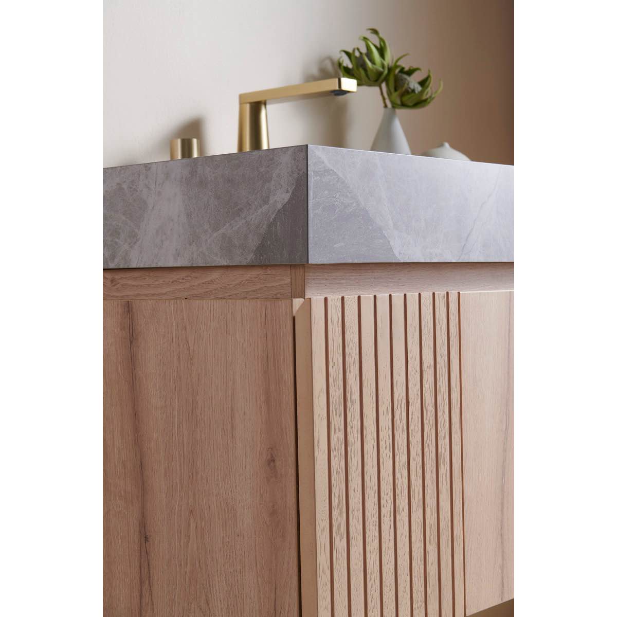 Condition photo showing New/Like New for luxstone modern luxury vanity with sintered stone countertop and ceramic basin