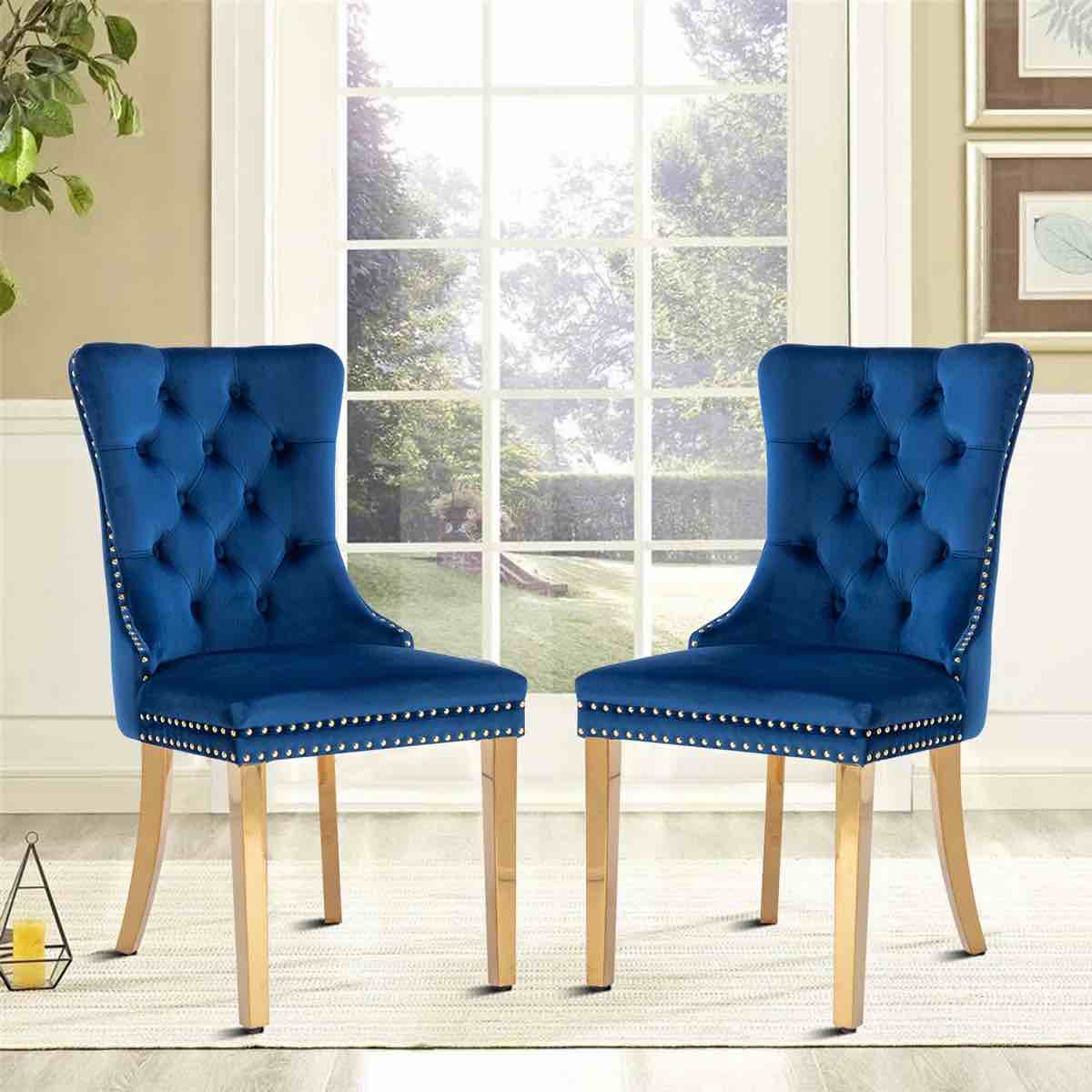 kcc velvet dining chairs set of 2, upholstered high-end tufted dining room chair with nailhead back ring pull trim solid wood legs, nikki collection modern style for kitchen, blue