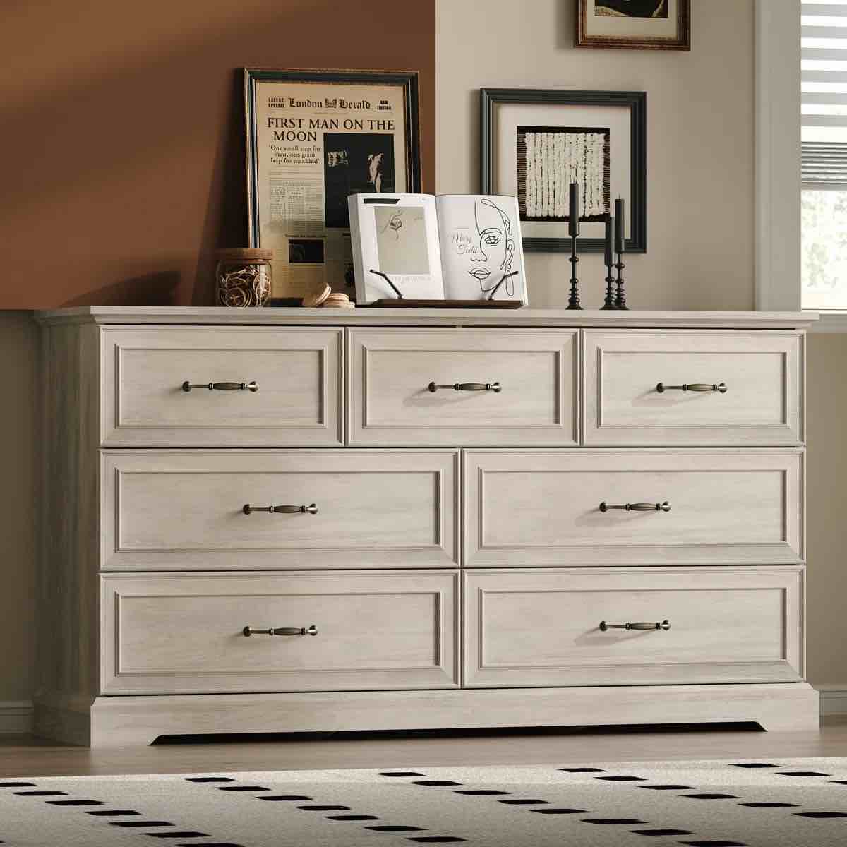 farmhouse 7 drawers dresser for bedroom, 57" wide modern chest of drawers with deep drawers & bar handles, rustic wood dresser tv stand, wooden closet storage organizer for living room, hallway, grey