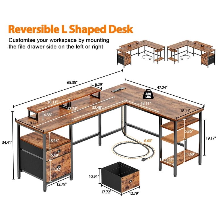 Condition photo showing New/Like New for 66” l shaped desk with power outlet, reversible computer gaming desk with file drawer & 2 monitor stands for home office with storage shelves, rustic brown