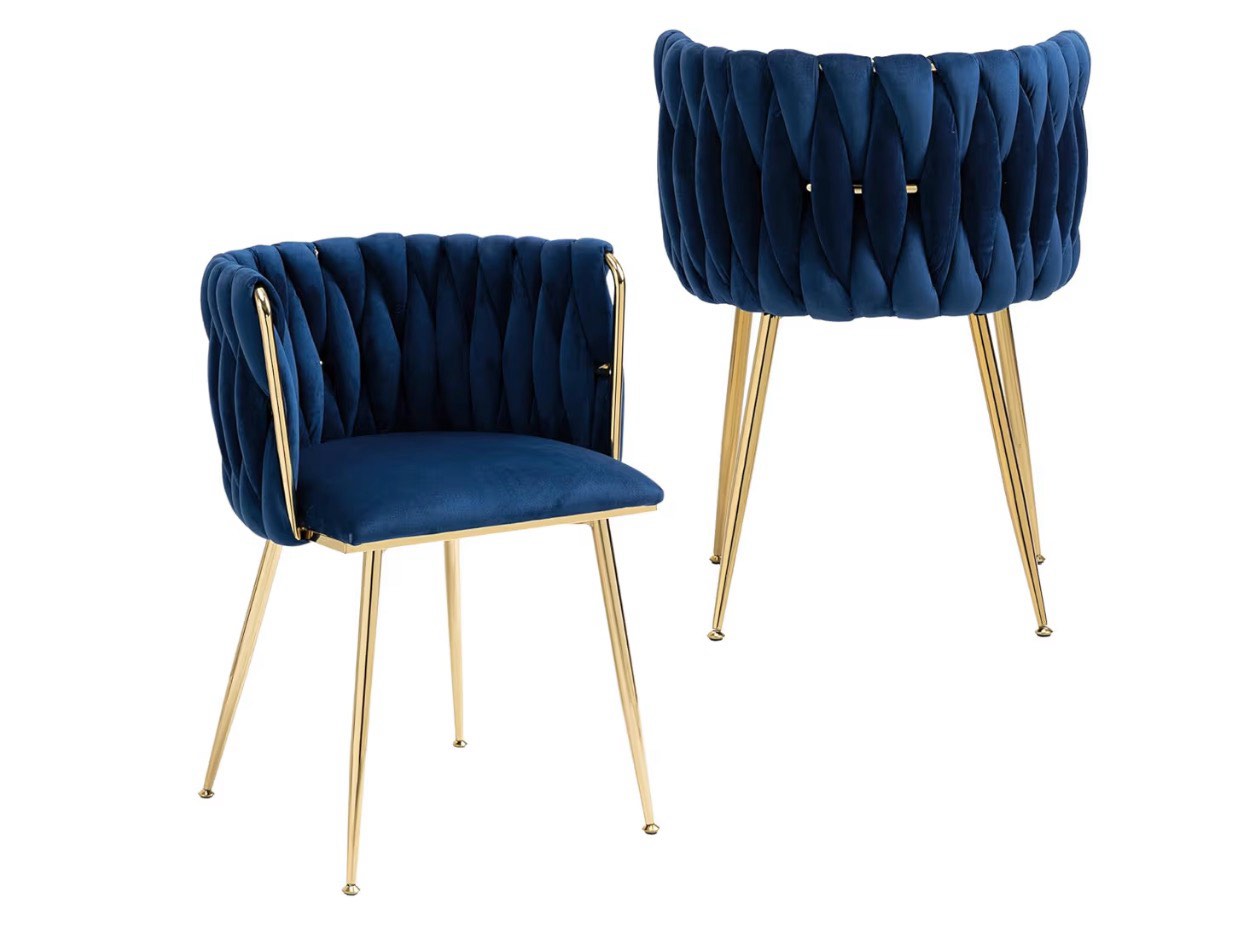 nrizc woven dining chairs set of 2, velvet upholstered dining chairs with gold metal legs, modern accent chairs for living room, dining room, kitchen (blue