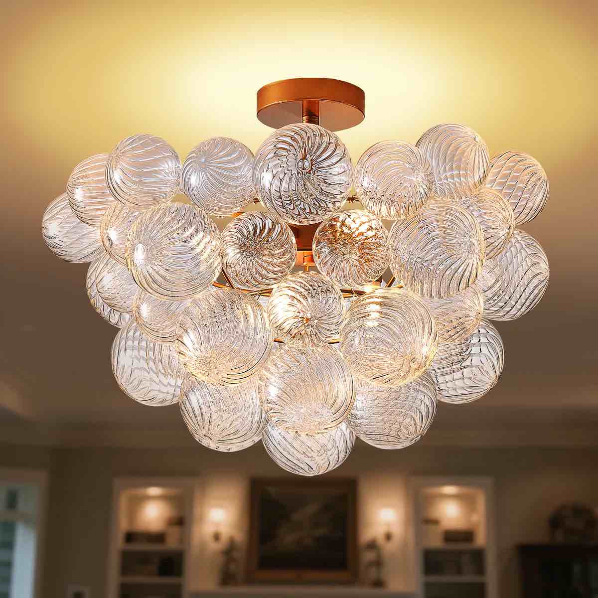 nordic bubble ball swirled glass chandelier 20 inch, gild gold and clear blown glass small pendant light fixture for bedroom study restaurant