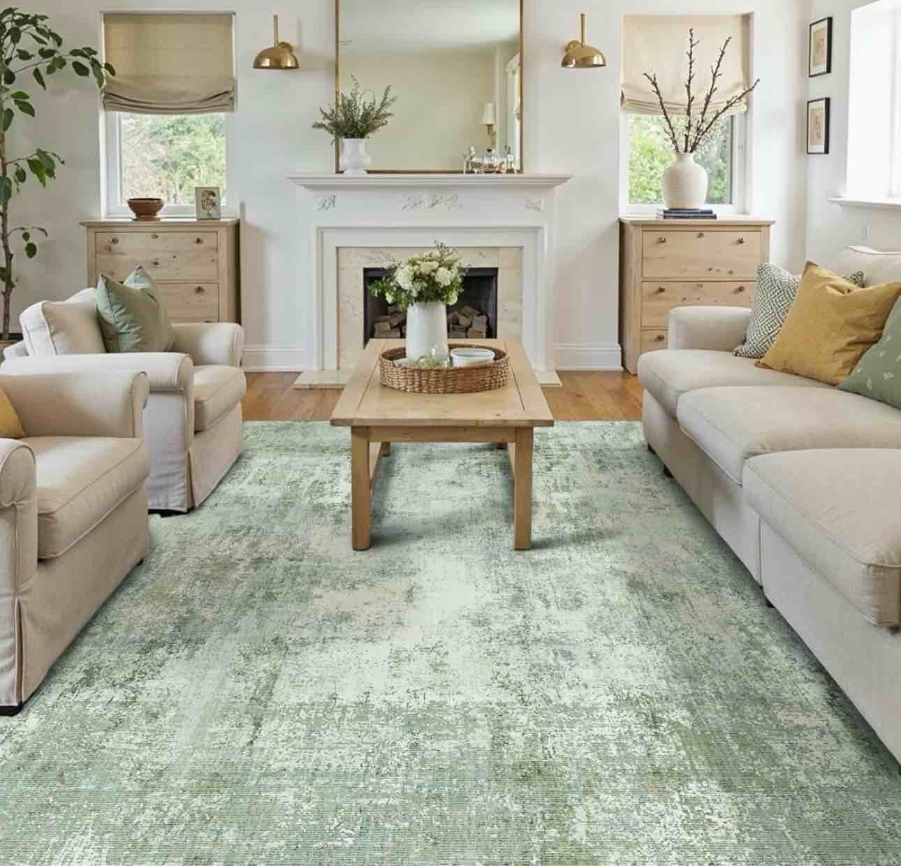 Washable Area Rug Sage Green Abstract Non Slip Soft Low Pile Rug for Living Room Bedroom Dining Room Office Neutral Modern Indoor Large Throw Carpet for Home Decor 16x20