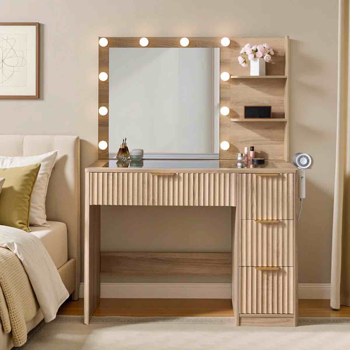 36" Natural Makeup Vanity With Charging Station, 4 Drawers, 3 Shelves and Glass Top