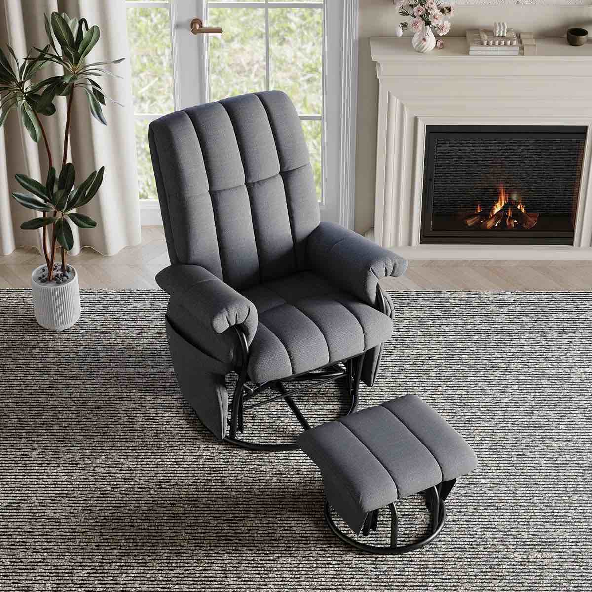 Condition photo showing New/Like New for lazzo swivel glider recliner chair with ottoman cloth