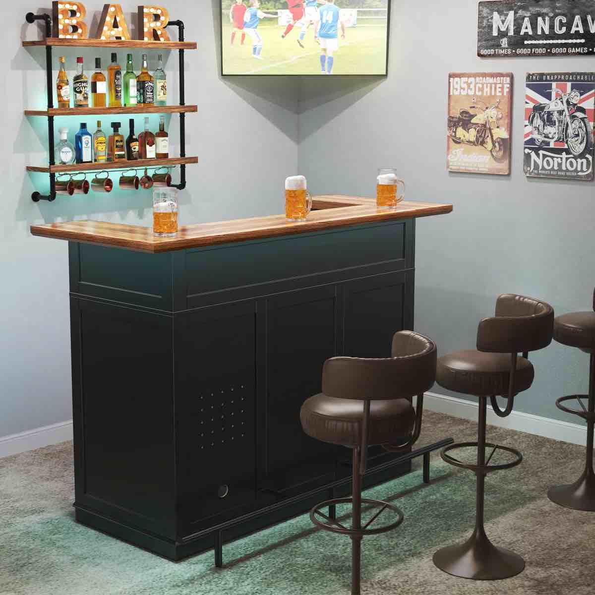 Condition photo showing New/Like New for home bar unit with fridge space, u-shape liquor wine cabinet, 63.1" mini bar table with storage for basement or living room