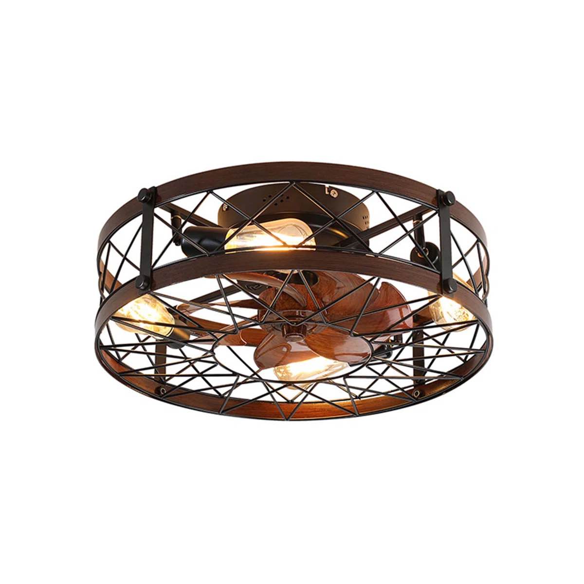 Condition photo showing New/Like New for 20 in. 4-light boho black & brown cage flush mount ceiling fan