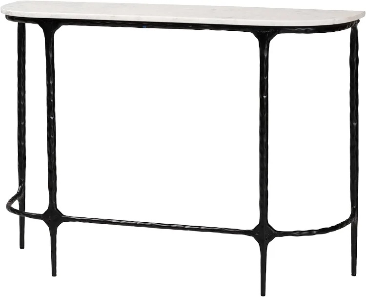 Condition photo showing New/Like New for baxton studio edsel marble console table - modern rustic accent table with hand-forged metal frame for living room or entryway, rounded