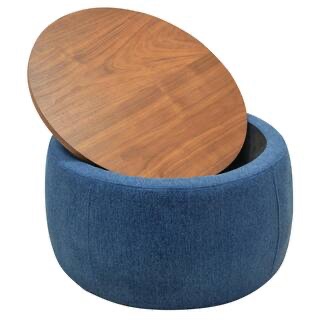 Condition photo showing New/Like New for navy round storage ottoman foot rest upholstered pleated round footstool for living room