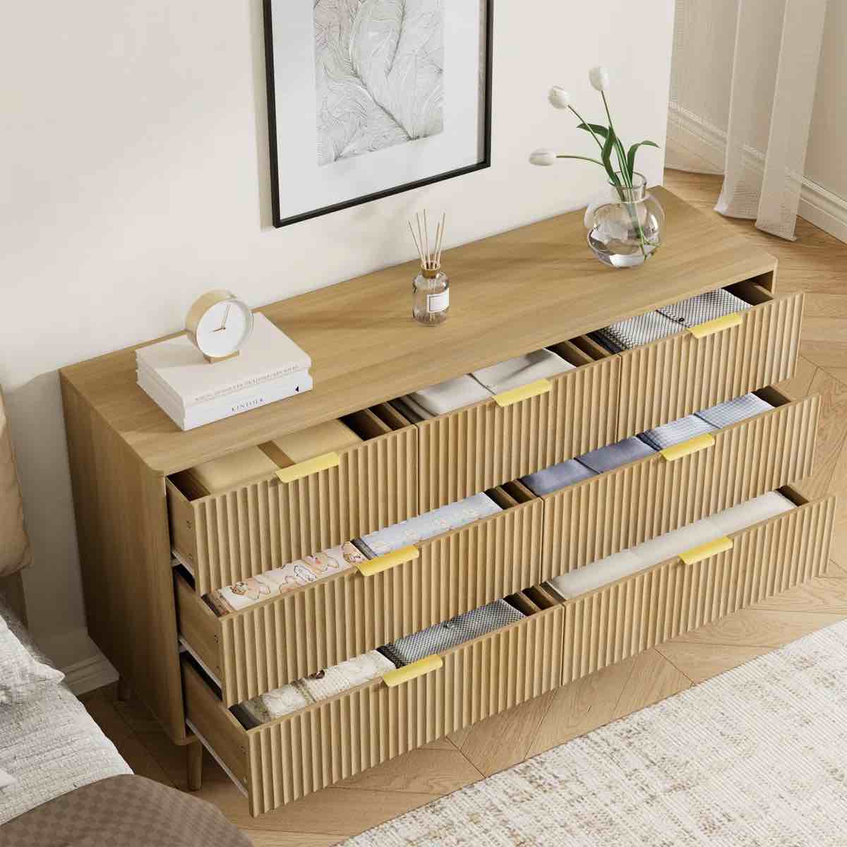 Condition photo showing New/Like New for youtrend fluted 7-drawer dresser in an oak finish