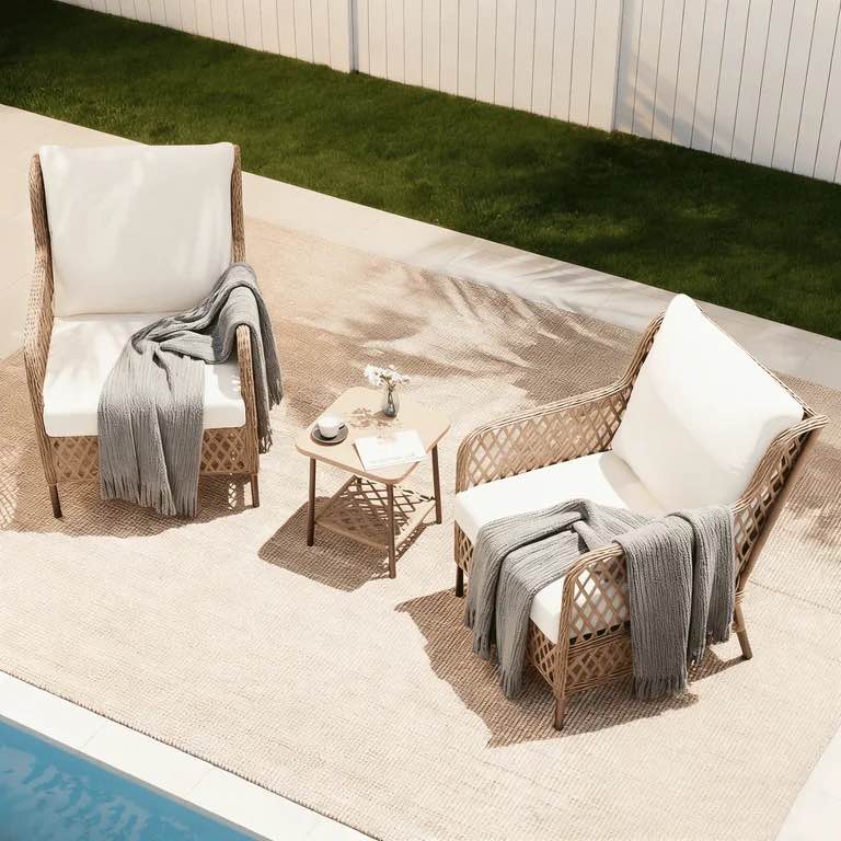 Condition photo showing New/Like New for lausaint home 3 pieces outdoor patio bistro set with wood-grain coffee table, pe wicker high back chairs with beige cushions