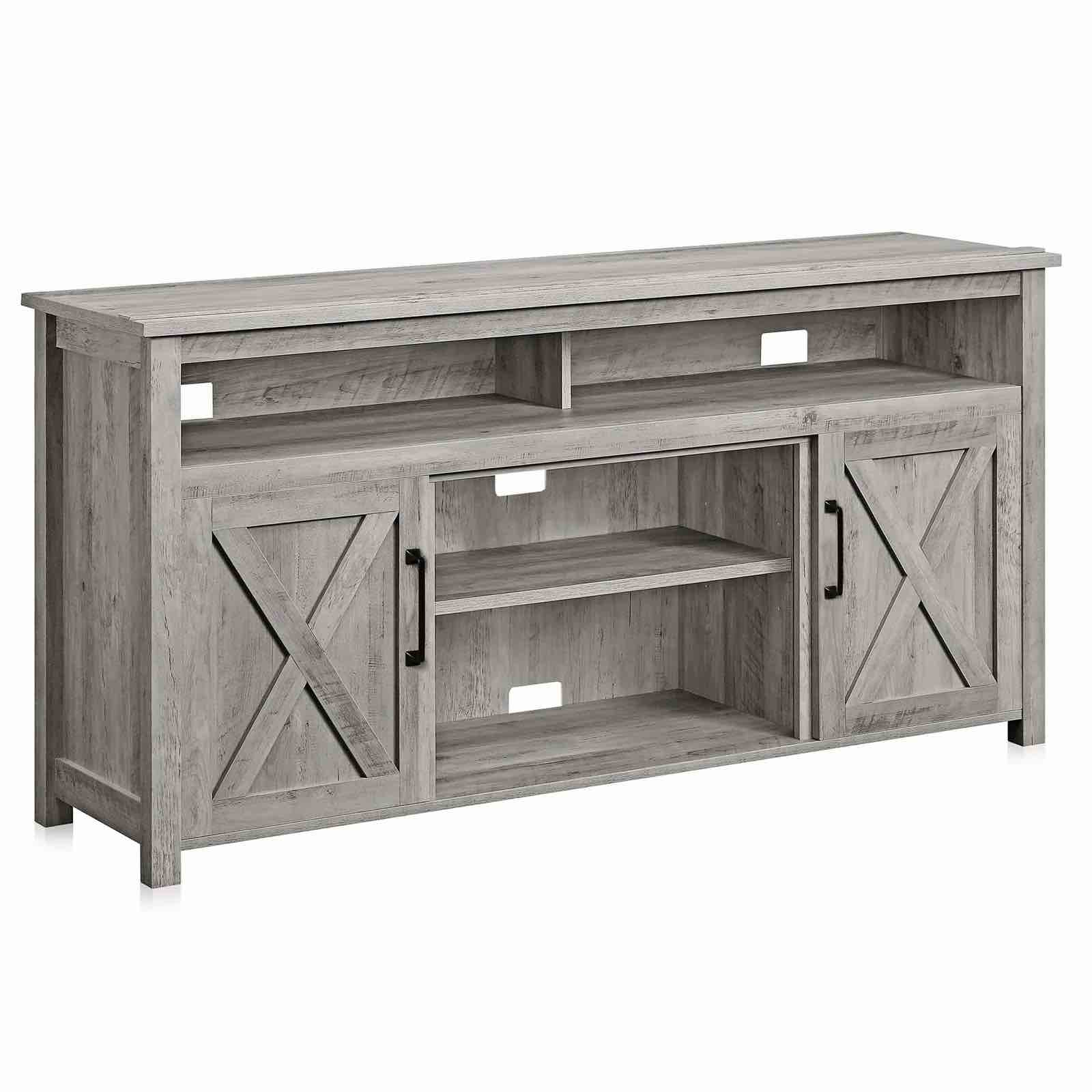 Condition photo showing New/Like New for belleze modern 58 inch barn door wood tv stand & media entertainment center console table for tvs up to 65 inches with two open shelves and cabinets - corin (gray wash)