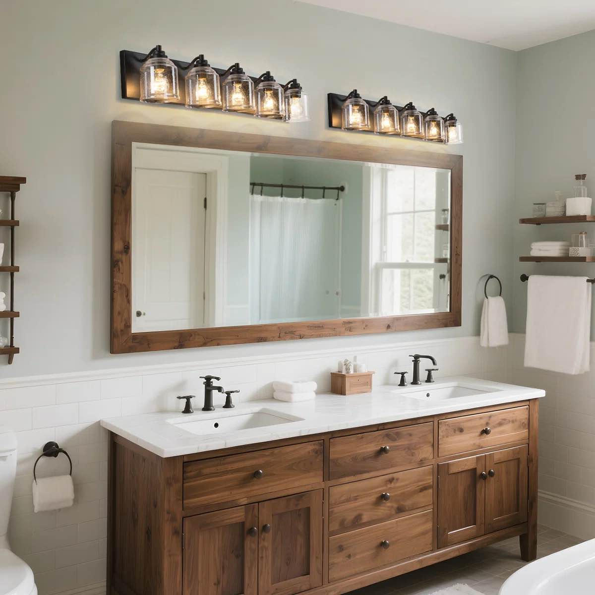 Condition photo showing New/Like New for modern farmhouse dimmable bathroom vanity light with seeded glass and one-piece backplate