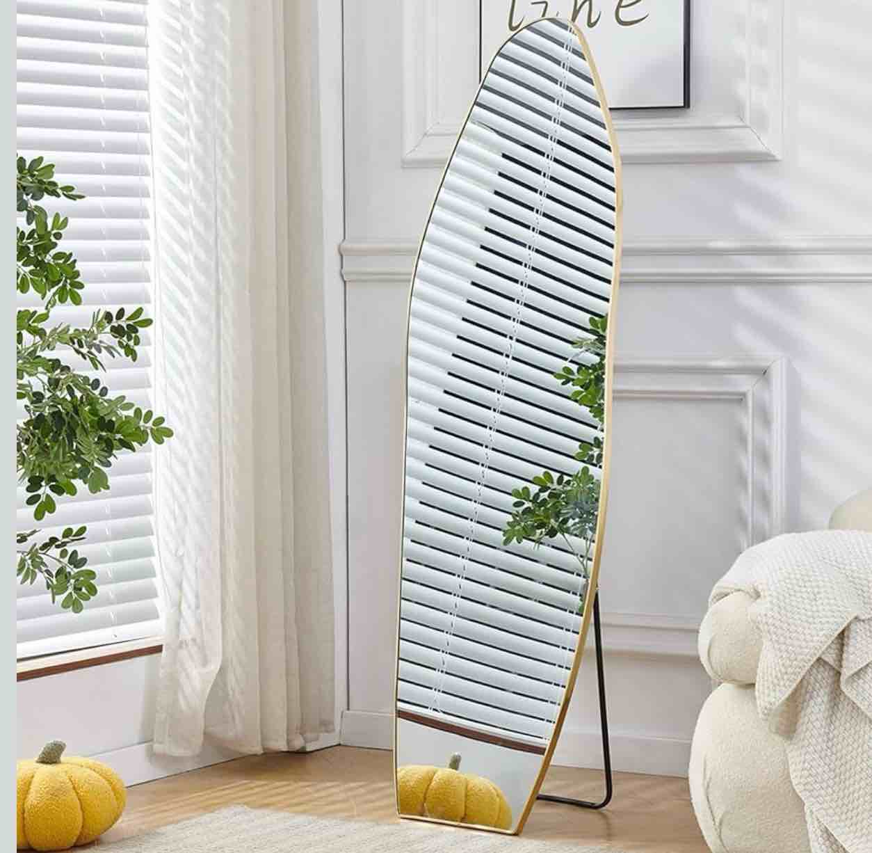 Condition photo showing New/Like New for full length mirror, wavy shaped floor mirror with stand, decorative irregular leaning or hanging mirror for bedroom, living room entryway decor