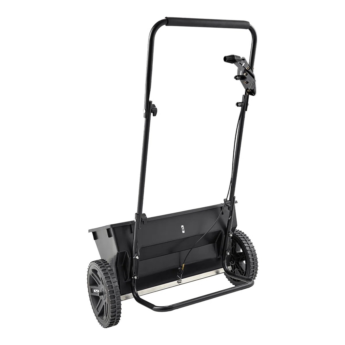 Condition photo showing New/Like New for walk-behind push spreader, 50lbs capacity, drop spreader with hopper grate, 18 in spreading width & 30 settings, 10 in all terrain tires, garden & lawn spreaders for seed, fertilizer, salt