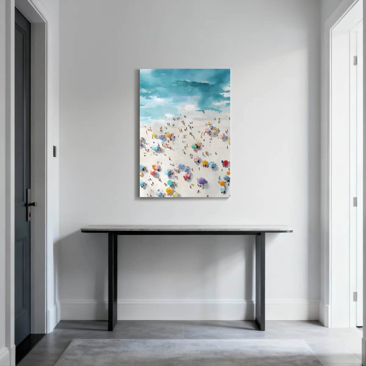 Condition photo showing New/Like New for colorful beach umbrellas and people aerial view 40x40 canvas wrapped wall art oil painting print set of 1