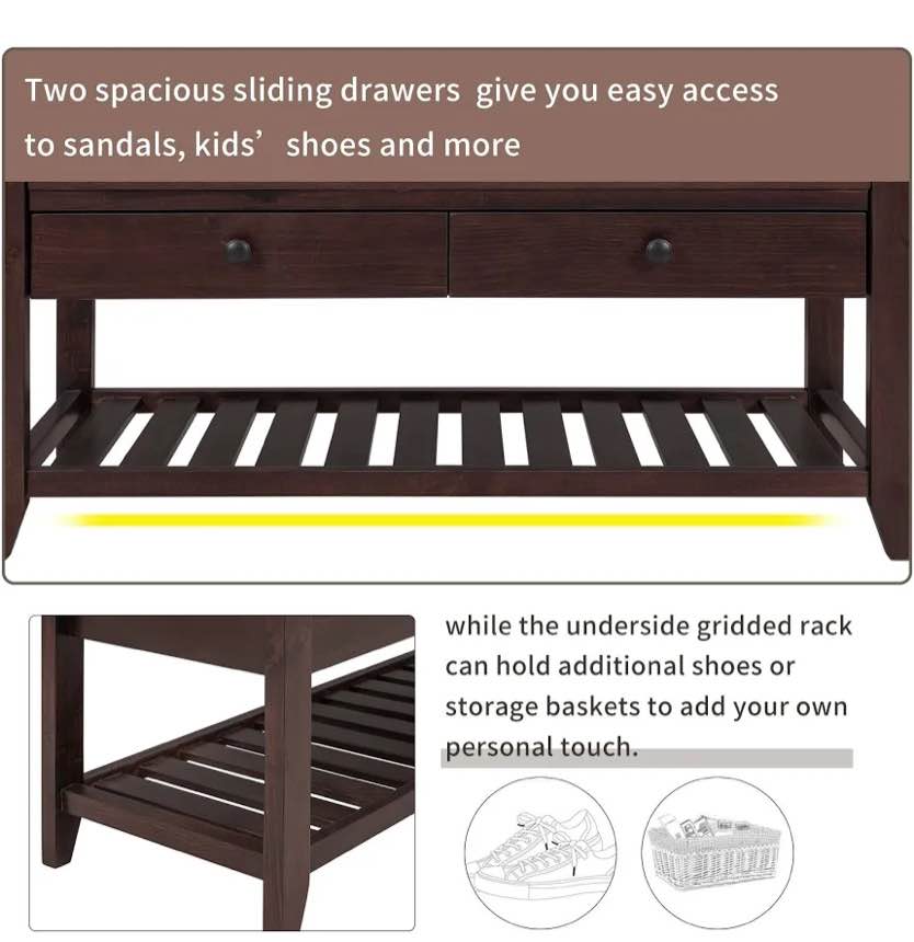 Condition photo showing New/Like New for harper & bright designs shoe rack with cushioned seat and drawers, multipurpose entryway storage bench 19.8 in.h x 39 in. w x 14 in. d