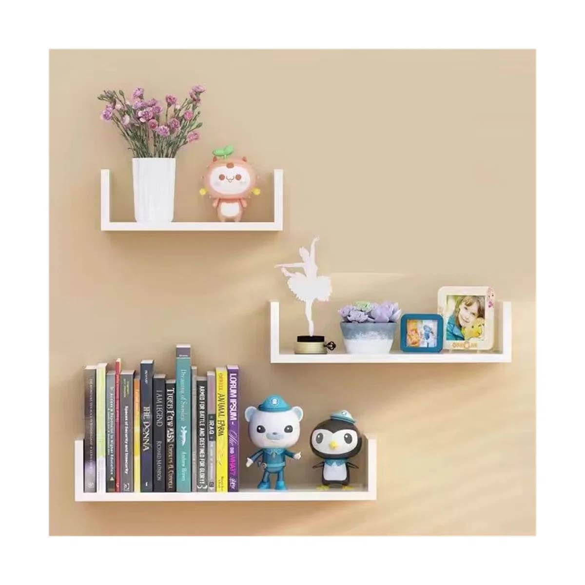 Condition photo showing New/Like New for floating shelves wall mounted, rustic u-shape design, versatile storage solution for home and office