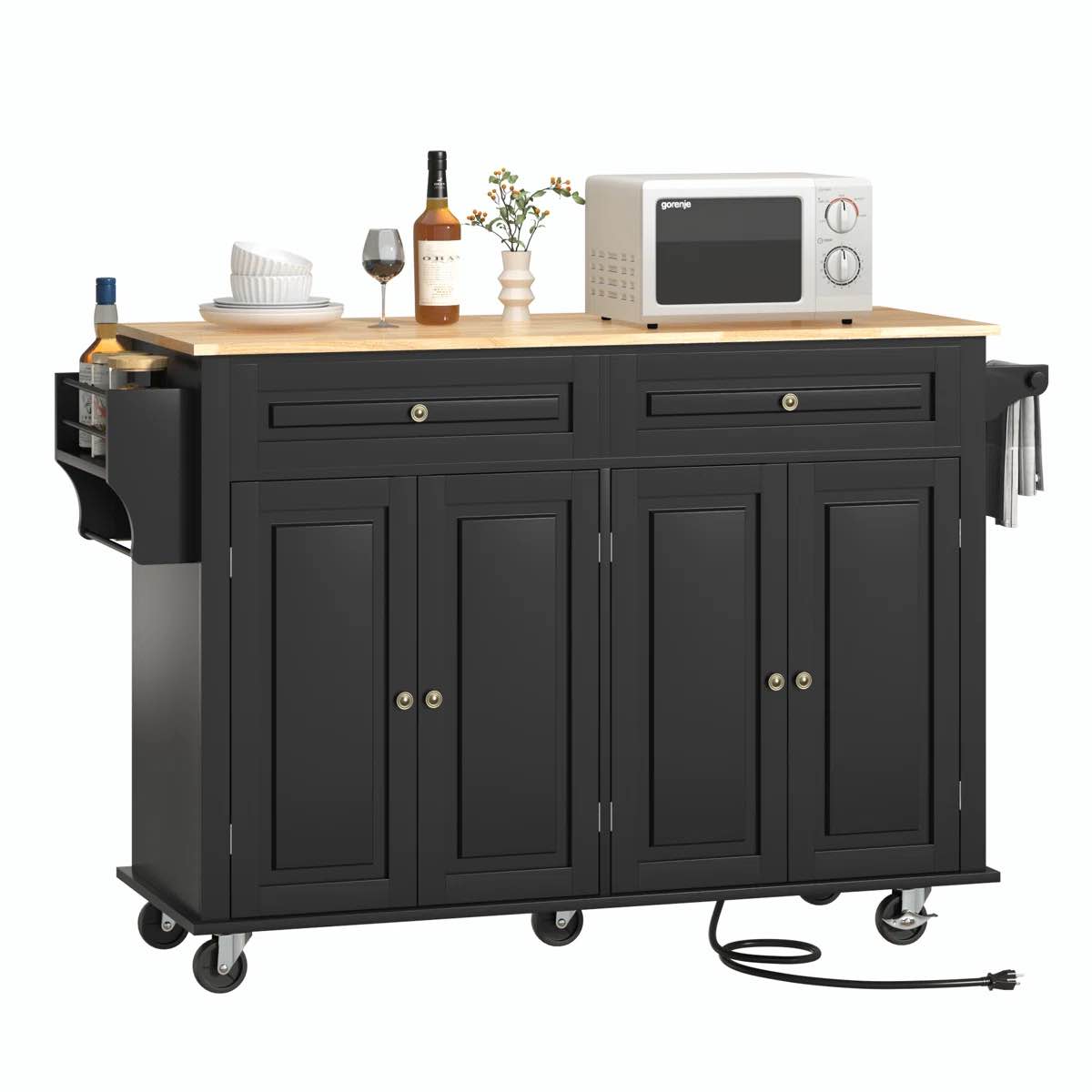 Condition photo showing New/Like New for 55" w rolling kitchen island with drop leaf – movable kitchen carts on wheels island with storage cabinet, island table for kitchen with rubber wood top and rack and drawers, matte, black
