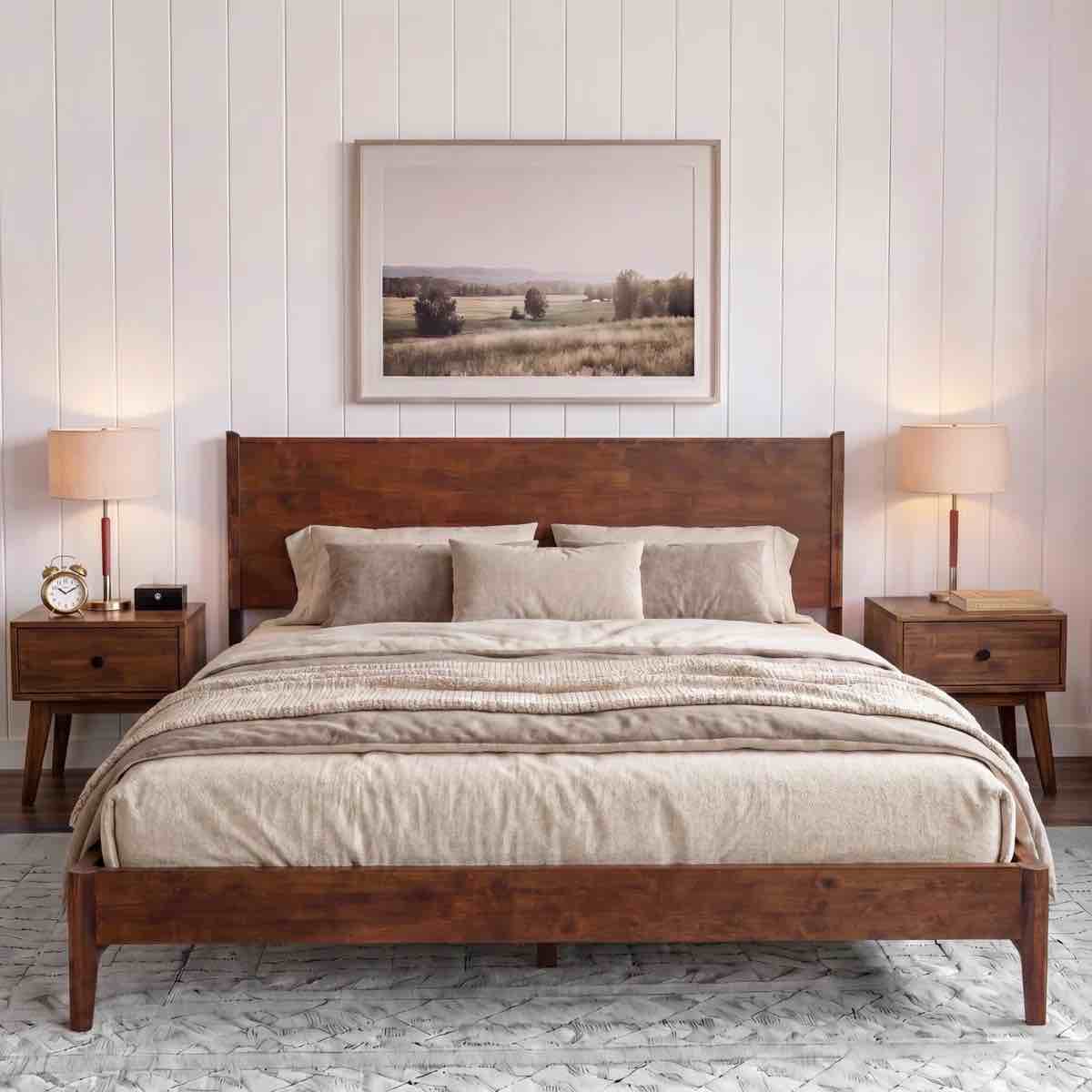 solid wood king bed frame with headboard, walnut finish 800lbs capacity scandinavian platform bed, walnut finish, non-slip and noise-free, no box spring needed