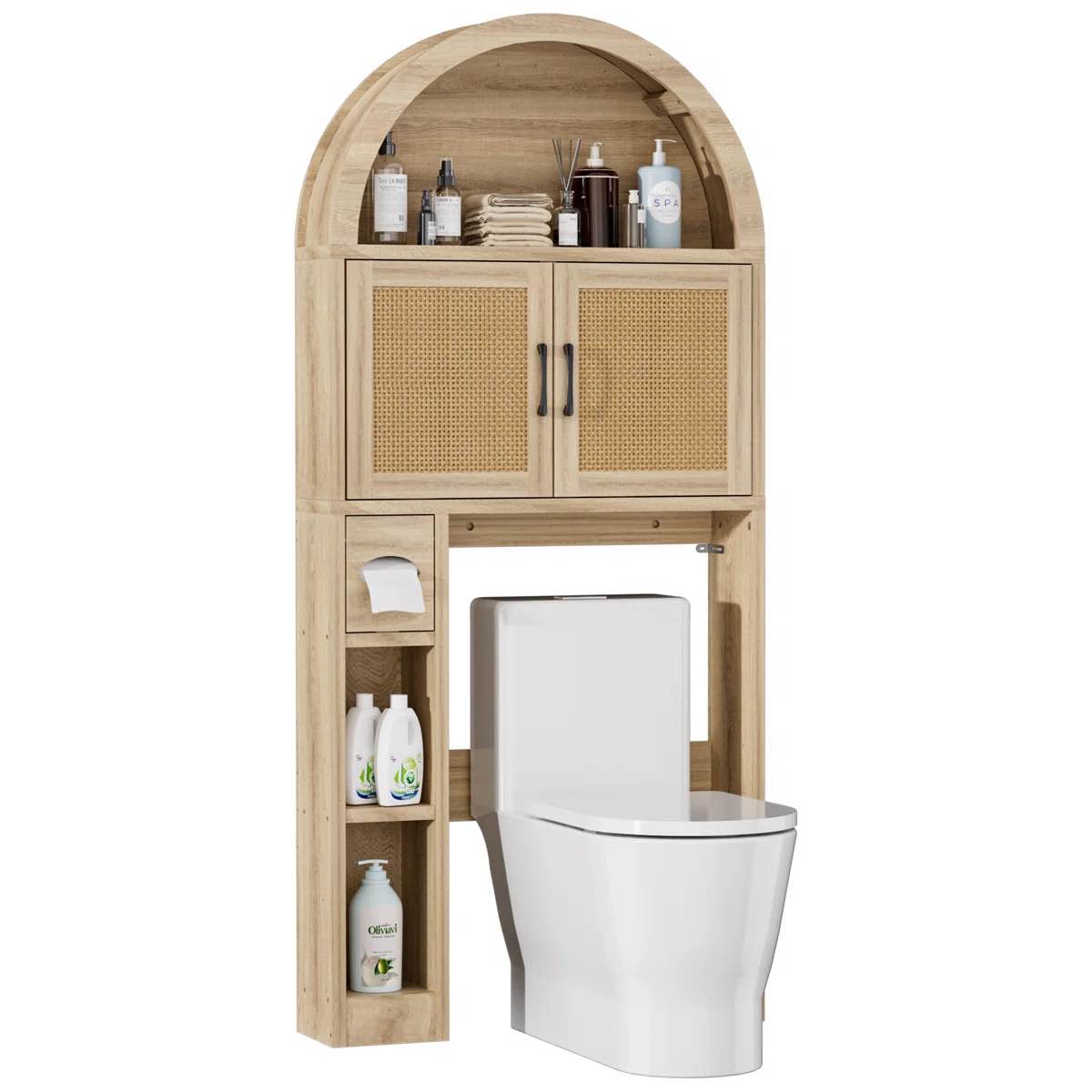 ahb over the toilet storage cabinet, freestanding bathroom organizer with adjustable shelf and anti-tip device, arched cabinet with doors, space-saving toilet storage for bathroom, laundry, mini bar