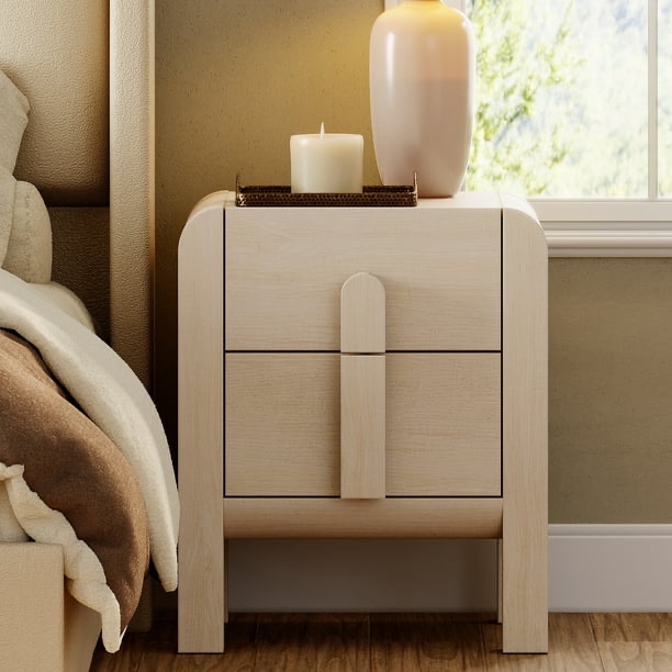 mid-century modern wood nightstand with 2 drawers ,curved end table with built-in charging station for bedroom, living room,entryway