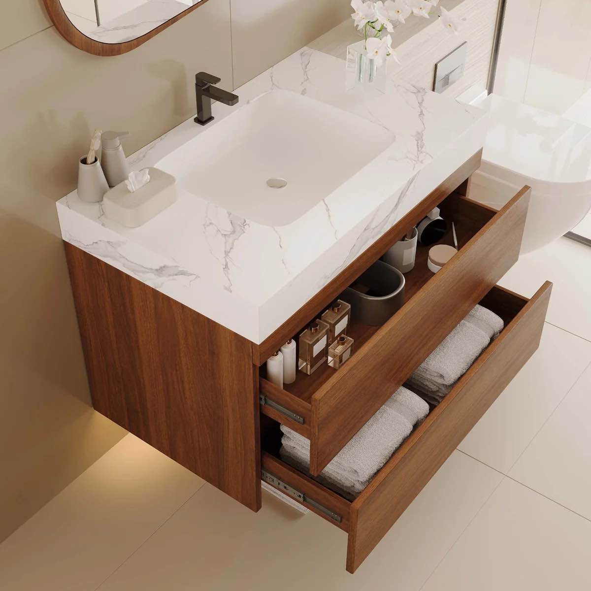 Condition photo showing New/Like New for 29.9” modern floating bathroom vanity marble top (base cabinety sold seperately.)