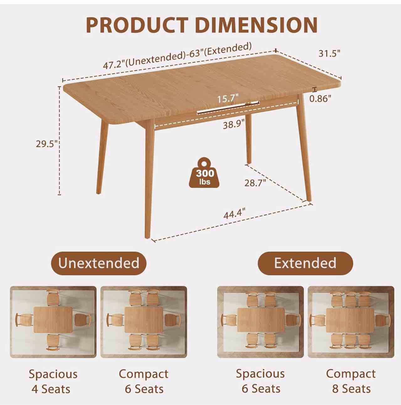 Condition photo showing New/Like New for solid wood extendable dining table with seamless expansion from 47.2 to 63 inches, seats 4 to 8 people, walnut finish, easy assembly, perfect for dining room, kitchen, and living room