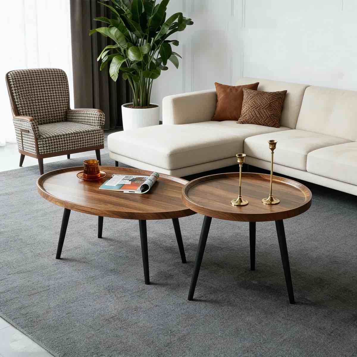 Condition photo showing New/Like New for round nesting coffee table set of 2, end table with wooden top & steel legs, modern side tables for living room, bedroom, balcony, small space