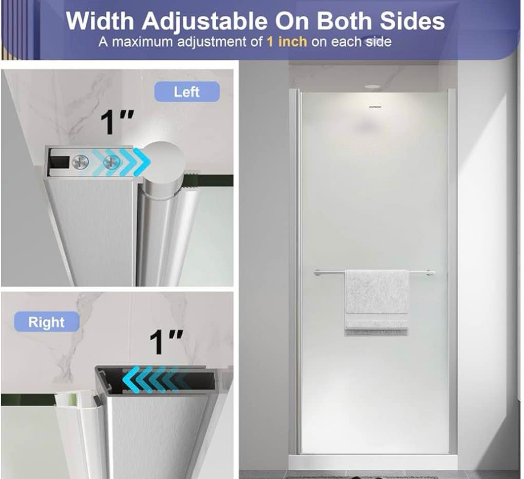 Condition photo showing New/Like New for  easyworcf rameless pivot shower door 36"-38" w x 72" h, swing shower door frosted glass with nano explosion-proof film tempered frosted glass 1/4"(6mm) reversible installtion,brushed nickel finish