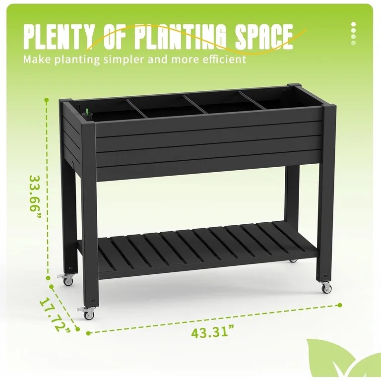 Condition photo showing New/Like New for 21 gallon raised garden bed with legs and wheels, raised planter box with drainage plug and gauge, lower shelf for tools and accessories, dust-proof resin for patio and backyard(black)