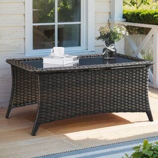 Condition photo showing New/Like New for outdoor pe wicker rectangle coffee table patio rattan patio side table built-in glass top sofa table dark brown