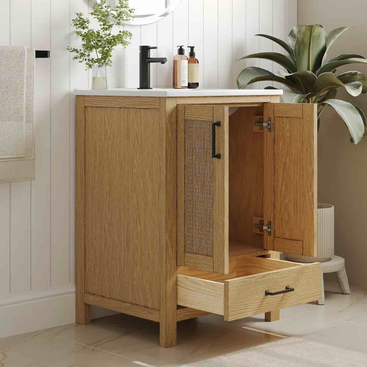 Condition photo showing Good Condition for cove fully assembled single bathroom vanity base, soft-close doors and drawer
