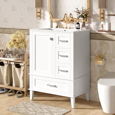 Condition photo showing New/Like New for bathroom vanity with sink,one door with shelf and three drawers