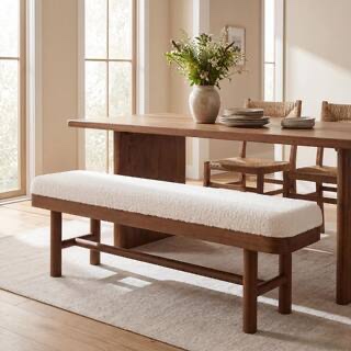 Condition photo showing New/Like New for white and brown solid wood dining bench with removable cushion, cushioned dining bench
