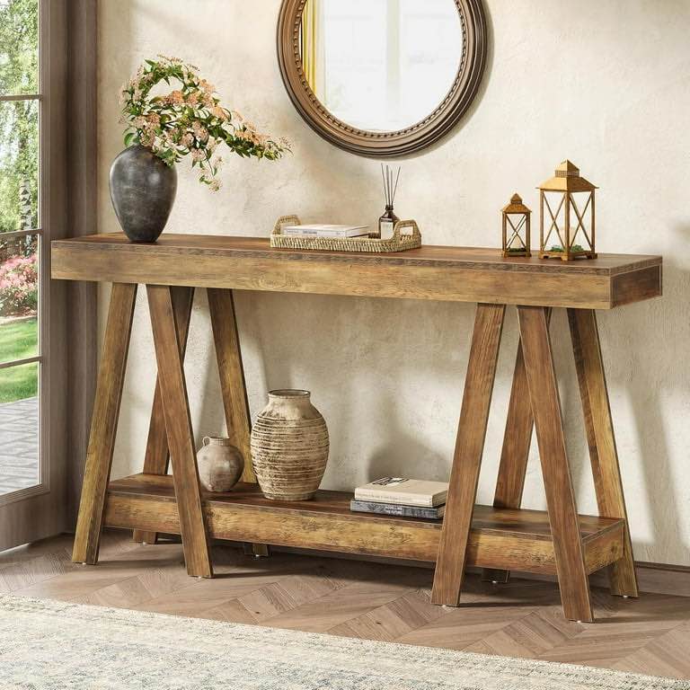 Condition photo showing New/Like New for farmhouse 2-tier brown wood sofa table behind couch console table narrow entryway accent table for living room, hallway, entrance, foyer