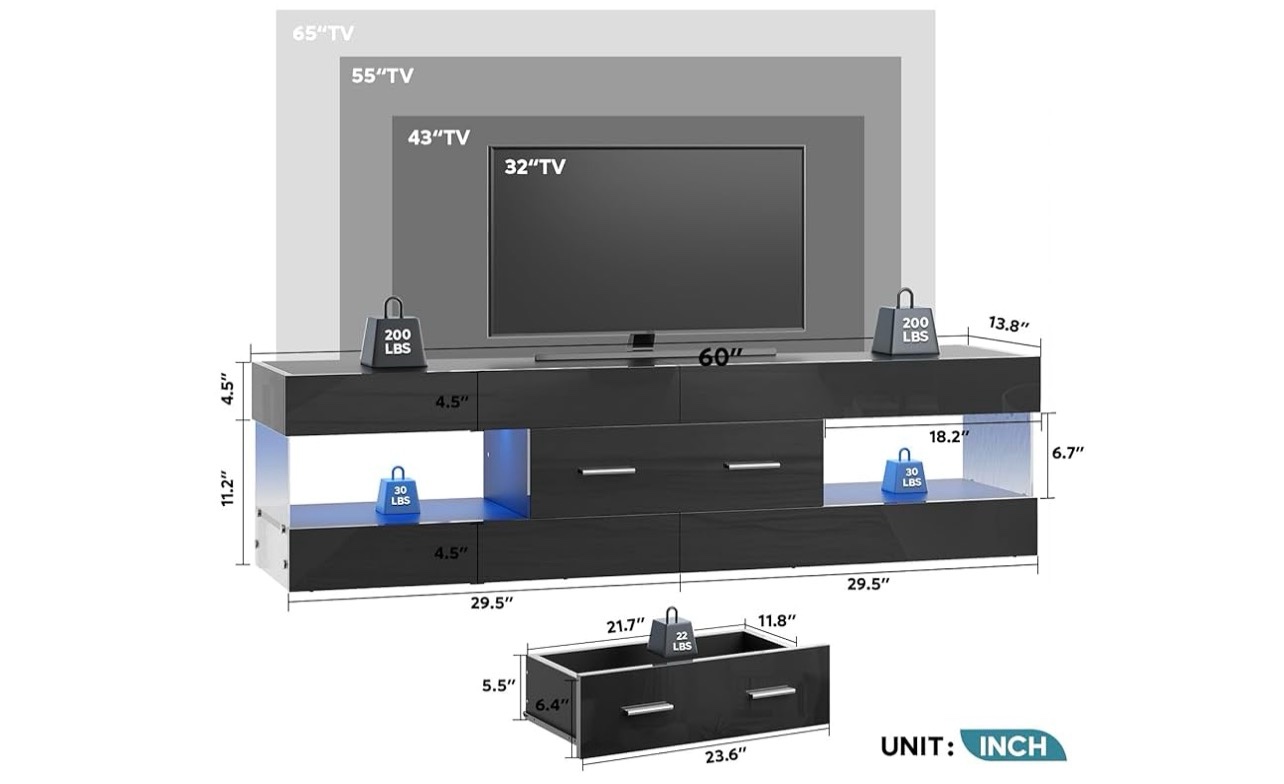 Condition photo showing New/Like New for high-gloss black tv stand, compatible with 55-65 inch tvs, stone-patterned side panels + led lights + large drawers. suitable for living rooms and bedrooms.