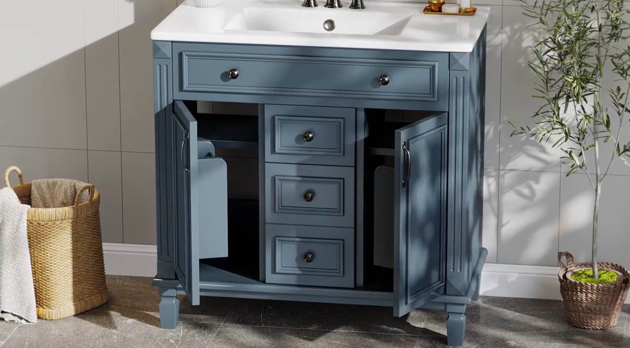 Condition photo showing New/Like New for 36'' bathroom vanity with top sink, modern bathroom storage cabinet with 2 soft closing doors and 2 drawers, single sink bathroom vanity