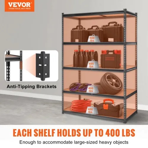 Condition photo showing New/Like New for vevor storage shelving unit, 5-tier adjustable, 2000 lbs capacity, heavy duty garage shelves metal organizer utility rack, for kitchen pantry basement bathroom